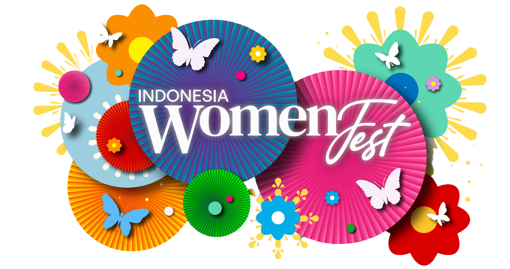 Colorful Indonesia Women Fest logo cluster with butterflies, flowers, and circles in bright colors with shadows
