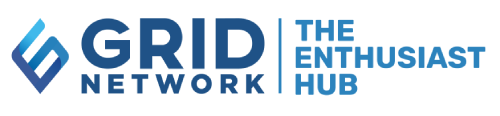 Grid Network logo blue with text The Enthusiast Hub, sleek and professional